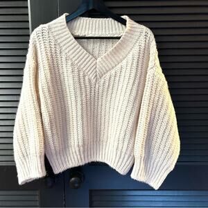 Essential Chunky Cable Knit Sweater, Cream w/ Sparkle, Cropped & Boxy, Size M/L